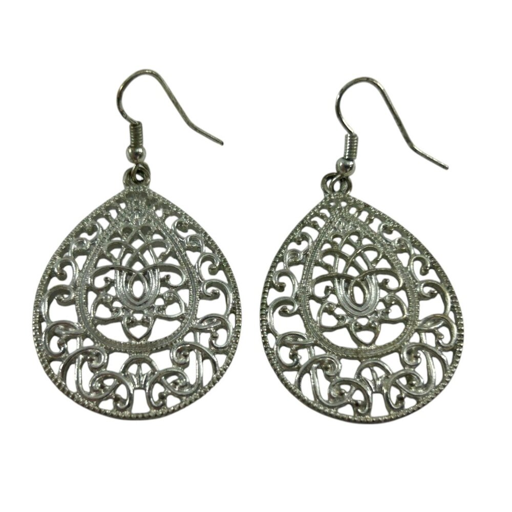 Silver Tone Filigree Teardrop Dangle Earrings Metal Ornate Openwork Boho 1.5"